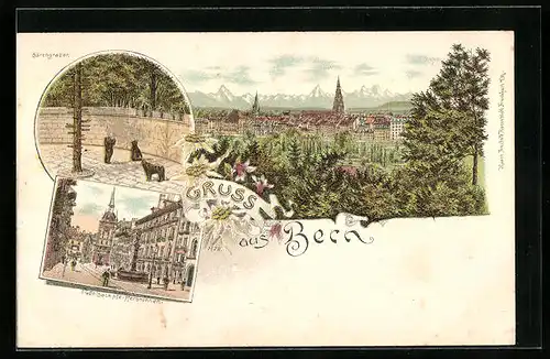 Lithographie Bern, Teilansicht, Dudelsackpfeifferbrunnen, Bärengraben