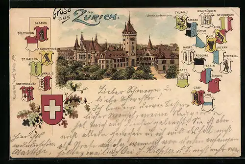 Lithographie Zürich, Schweizer Landesmuseum, Wappen von Uri, Bern und Luzern