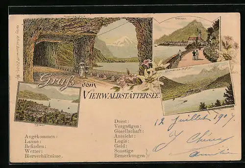 Lithographie Gersau /Vierwaldstättersee, Ortspartie, Axengallerie, Brunnen u. d. Mythen