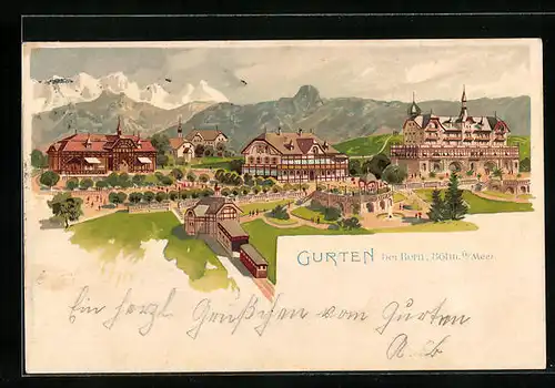 Lithographie Gurten bei Bern, Ortspartie mit Bahn