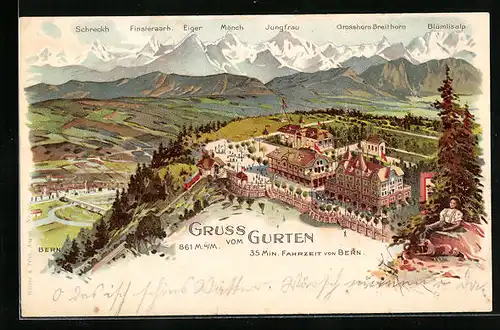 Lithographie Gurten bei Bern, Hotel mit Eiger, Mönch und Jungfrau