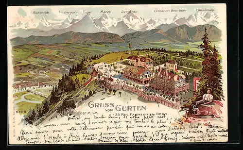 Lithographie Gurten bei Bern, Hotel mit Eiger, Mönch und Jungfrau