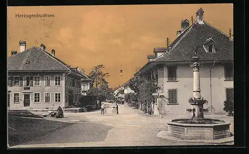 AK Herzogenbuchsee, Strassenpartie mit Gebäudeansicht und Brunnen