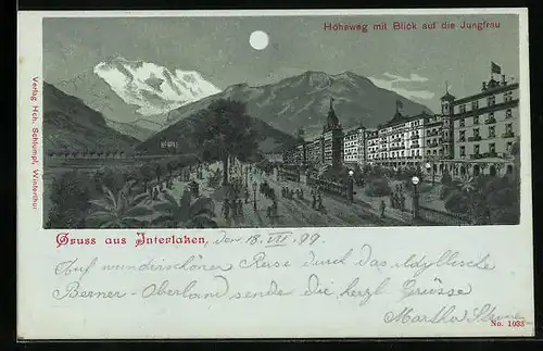 Mondschein-Lithographie Interlaken, Strasse Höheweg mit Blick auf die Jungfrau