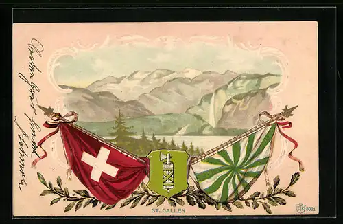 Passepartout-Lithographie St. Gallen, See und Gebirge, Wappen