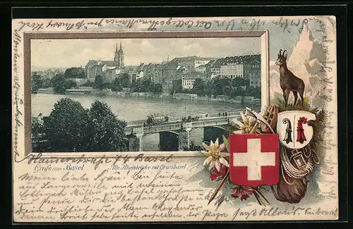 Passepartout-Lithographie Basel, Alte Rheinbrücke mit Grossbasel, Wappen