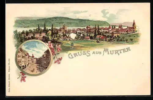 Lithographie Murten, Strassenpartie im Zentrum, Panorama