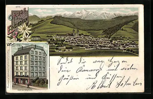 Lithographie Einsiedeln, Gasthaus zum Elephant, Totalansicht vom Ort