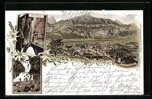Lithographie Meyringen, Reichenbachfall und Aareschlucht, Ortsansicht aus der Vogelschau