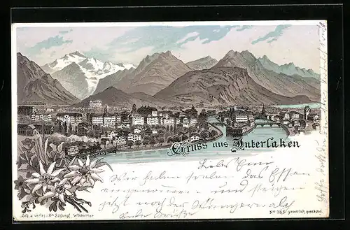 Lithographie Interlaken, Totalansicht gegen das Gebirge