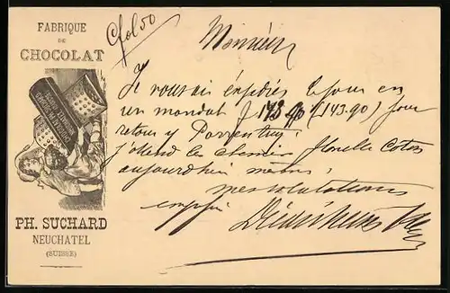 Vorläufer-Lithographie Neuchâtel, 1886, Fabrique de Cocolat, Geschwisterpaar mit Hobel, Reklame für Kakao Suchard