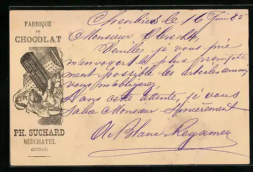 Vorläufer-Lithographie Neuchâtel, 1885, Fabrique de Cocolat, Geschwisterpaar mit Hobel, Reklame für Kakao Suchard
