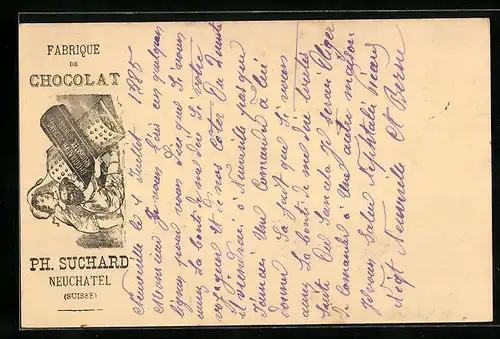 Vorläufer-Lithographie Neuchâtel, 1885, Fabrique de Cocolat, Geschwisterpaar mit Hobel, Reklame für Kakao Suchard