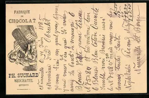 Vorläufer-Lithographie Neuchâtel, 1885, Fabrique de Cocolat, Geschwister raspeln Schokolade, Reklame für Kakao Suchard