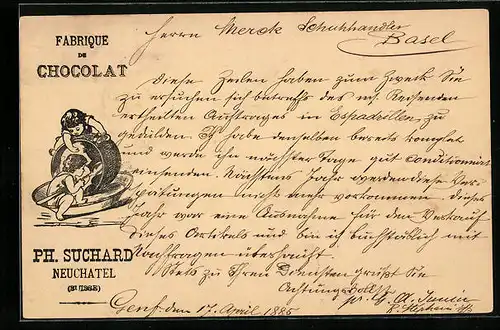 Vorläufer-Lithographie Neuchâtel, 1885, Fabrique de Cocolat, Geschwister kratzen Tasse aus, Reklame für Kakao Suchard
