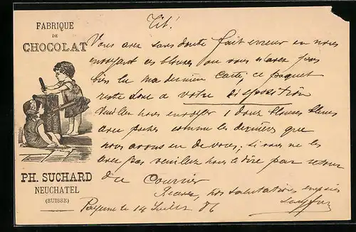 Vorläufer-Lithographie Neuchâtel, 1886, Fabrique de Cocolat, Geschwister mit Baumstamm, Reklame für Kakao Suchard