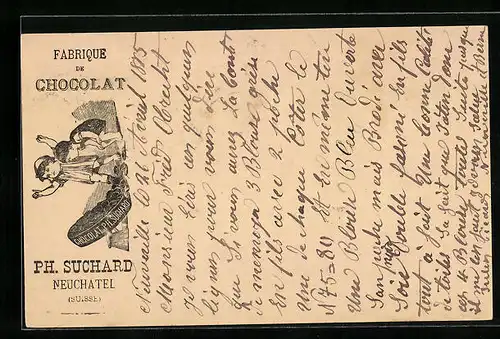 Vorläufer-Lithographie Neuchâtel, 1885, Fabrique de Cocolat, Geschwister mit Keksdose, Reklame für Kakao Suchard