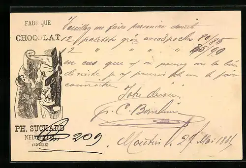 Vorläufer-Lithographie Neuchâtel, 1886, Fabrique de Cocolat, Kekse essendes Geschwisterpaar, Reklame für Kakao Suchard