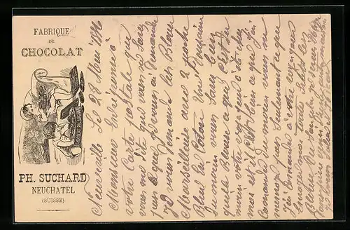 Vorläufer-Lithographie Neuchâtel, 1886, Fabrique de Cocolat, Kekse essendes Geschwisterpaar, Reklame für Kakao Suchard