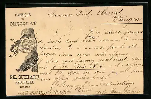 Vorläufer-Lithographie Neuchâtel, 1885, Fabrique de Cocolat, Kinder mit offener Keksdose, Reklame für Kakao Suchard