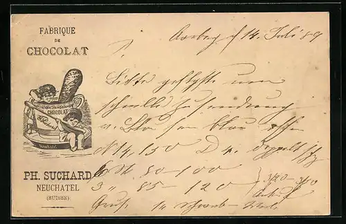 Vorläufer-Lithographie Neuchâtel, 1889, Fabrique de Cocolat, Kinder mit riesiger Tasse, Reklame für Kakao Suchard