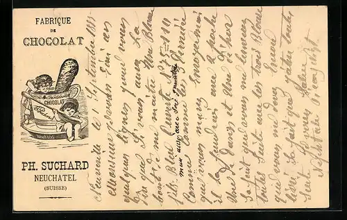 Vorläufer-Lithographie Neuchâtel, 1885, Fabrique de Cocolat, Kinder mit riesiger Tasse, Reklame für Kakao Suchard