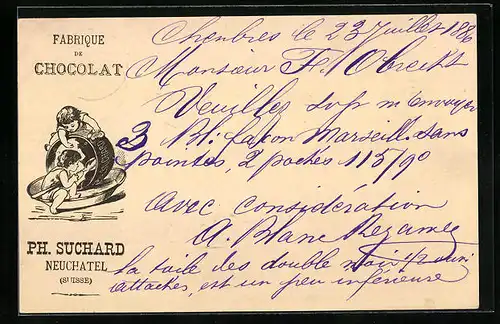 Vorläufer-Lithographie Neuchâtel, 1886, Fabrique de Cocolat, Kinder kratzen Tasse aus, Reklame für Kakao Suchard