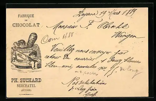 Vorläufer-Lithographie Neuchâtel, 1889, Fabrique de Cocolat, Kinder mit riesiger Tasse, Reklame für Kakao Suchard