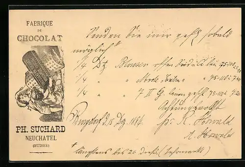 Vorläufer-Lithographie Neuchâtel, 1884, Fabrique de Cocolat, Kinder raspeln Schokolade, Reklame für Kakao Suchard