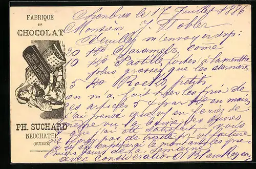 Vorläufer-Lithographie Neuchâtel, 1886, Fabrique de Cocolat, Kinder raspeln Schokolade, Reklame für Kakao Suchard