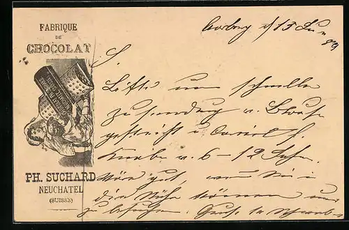 Vorläufer-Lithographie Neuchâtel, 1889, Fabrique de Cocolat, Kinder mit Schokoladenhobel, Reklame für Kakao Suchard