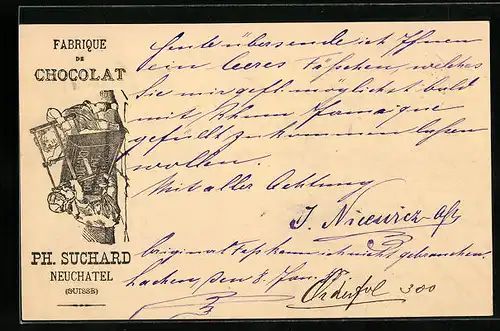 Vorläufer-Lithographie Neuchâtel, 1885, Fabrique de Cocolat, Kinder zersägen Schokolade, Reklame für Kakao Suchard