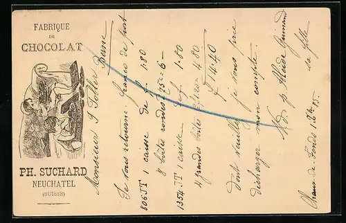 Vorläufer-Lithographie Neuchâtel, 1885, Fabrique de Cocolat, Kinder essen Kekse auf Sofa, Reklame für Kakao Suchard