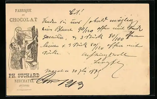 Vorläufer-Lithographie Neuchâtel, 1885, Fabrique de Cocolat, Kinder essen Kekse auf Sofa, Reklame für Kakao Suchard