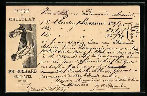 Vorläufer-Lithographie Neuchâtel, 1889, Fabrique de Cocolat, Kinder schleppen Schokolade, Reklame für Kakao Suchard