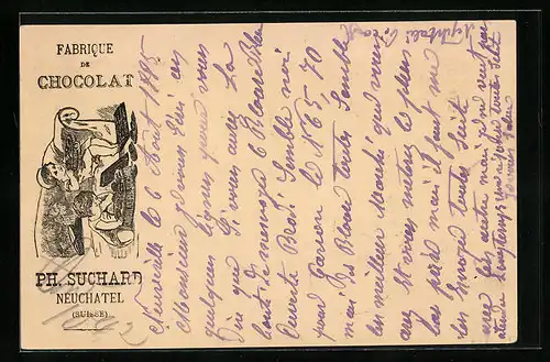 Vorläufer-Lithographie Neuchâtel, 1885, Fabrique de Cocolat, Kinder geniessen Kekse auf Sofa, Reklame für Kakao Suchard