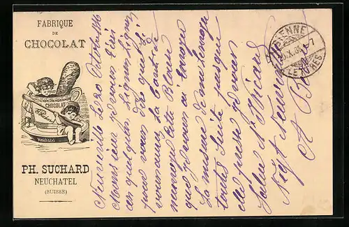 Vorläufer-AK Neuchatel, 1886, Fabrique de Chocolat Ph. Suchard, Kinder kosten von der heissen Schokolade