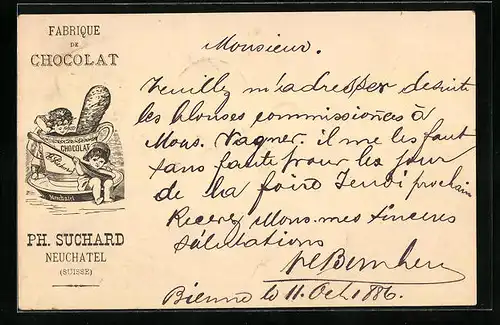 Vorläufer-AK Neuchatel, 1886, Fabrique de Chocolat Ph. Suchard, Kinder kosten von der heissen Schokolade