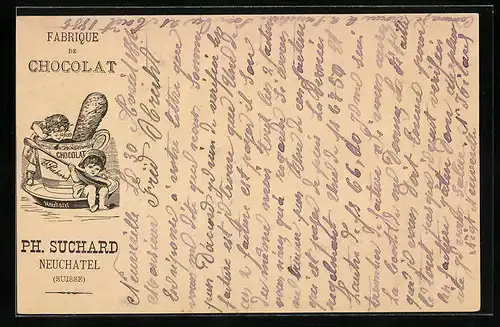 Vorläufer-AK Neuchatel, 1886, Fabrique de Chocolat Ph. Suchard, Kinder naschen von der heissen Schokolade