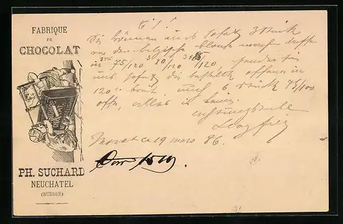 Vorläufer-AK Neuchatel, 1886, Fabrique de Chocolat Ph. Suchard, Kinder zersägen eine Tafel Schokolade