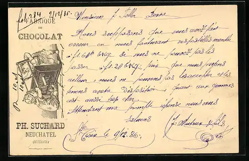 Vorläufer-AK Neuchatel, 1886, Fabrique de Chocolat Ph. Suchard, Kinder teilen die Schokolade mit einer Gestellsäge
