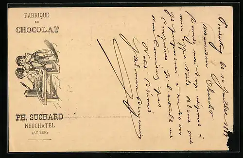 Vorläufer-AK Neuchatel, 1888, Fabrique de Chocolat Ph. Suchard, Kinder naschen von der Schokolade