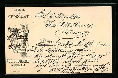 Vorläufer-AK Neuchatel, 1886, Fabrique de Chocolat Ph. Suchard, Kinder haben Schokolade verschüttet