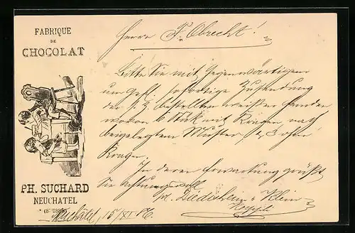Vorläufer-AK Neuchatel, 1886, Fabrique de Chocolat Ph. Suchard, Kinder haben Schokolade verschüttet