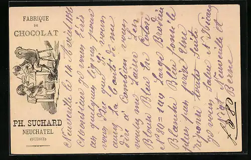 Vorläufer-AK Neuchatel, 1886, Fabrique de Chocolat Ph. Suchard, Kindern ist ein Malheur passiert