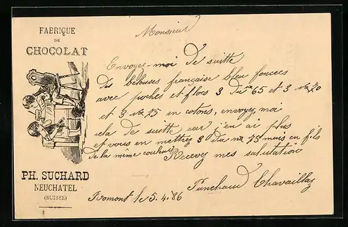 Vorläufer-AK Neuchatel, 1886, Fabrique de Chocolat Ph. Suchard, Kinder haben Schokolade verschüttet