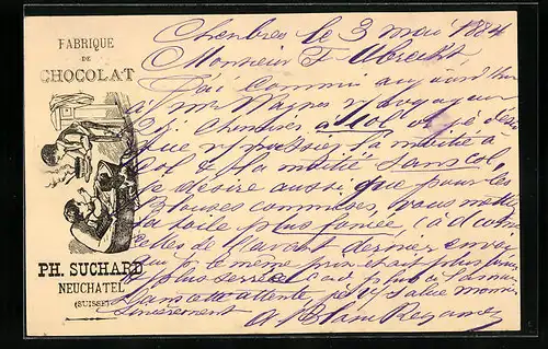 Vorläufer-AK Neuchatel, 1884, Fabrique de Chocolat Ph. Suchard, Kind wird eine heisse Schokolade gebracht