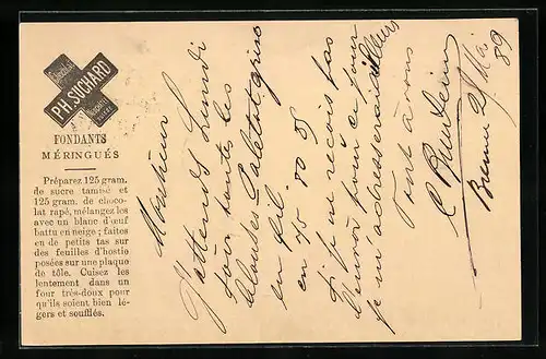 Vorläufer-AK Neuchatel, 1889, Fabrique de Chocolat Ph. Suchard, Fondants Méringués