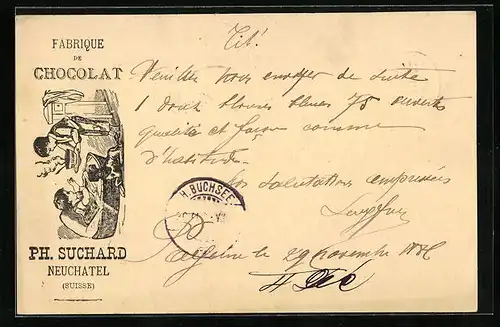 Vorläufer-AK Neuchatel, 1886, Fabrique de Chocolat Ph. Suchard, Kind wird heisse Schokolade gebracht