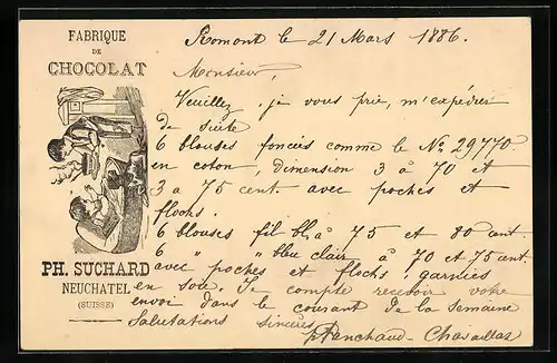 Vorläufer-AK Neuchatel, 1886, Fabrique de Chocolat Ph. Suchard, Kind wird heisse Schokolade gebracht
